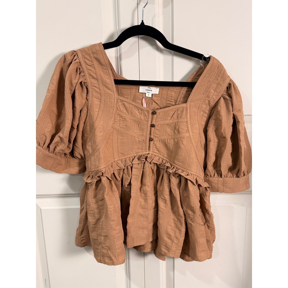 Entro Terracotta Puff Sleeve Babydoll Peplum Blouse Square Neck Size Medium